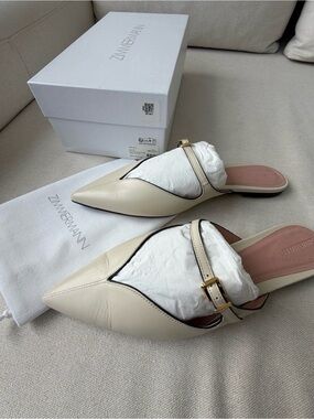 Zimmerman Aura Leather Flat Mules Macadamia  Cream Pointed Toe EU 26 US6